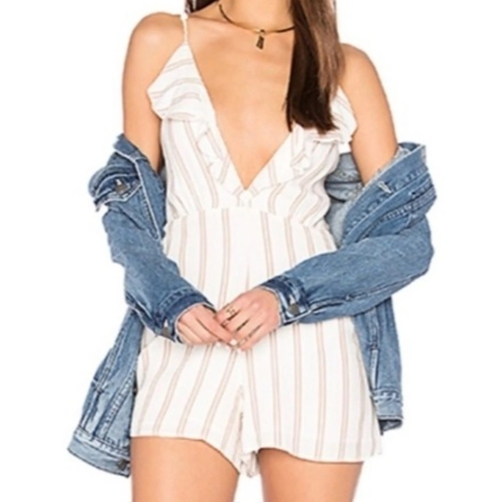 Privacy Please Stripe Ruffle Marni Romper V-Neck Plunge Ruffle Cream Tan